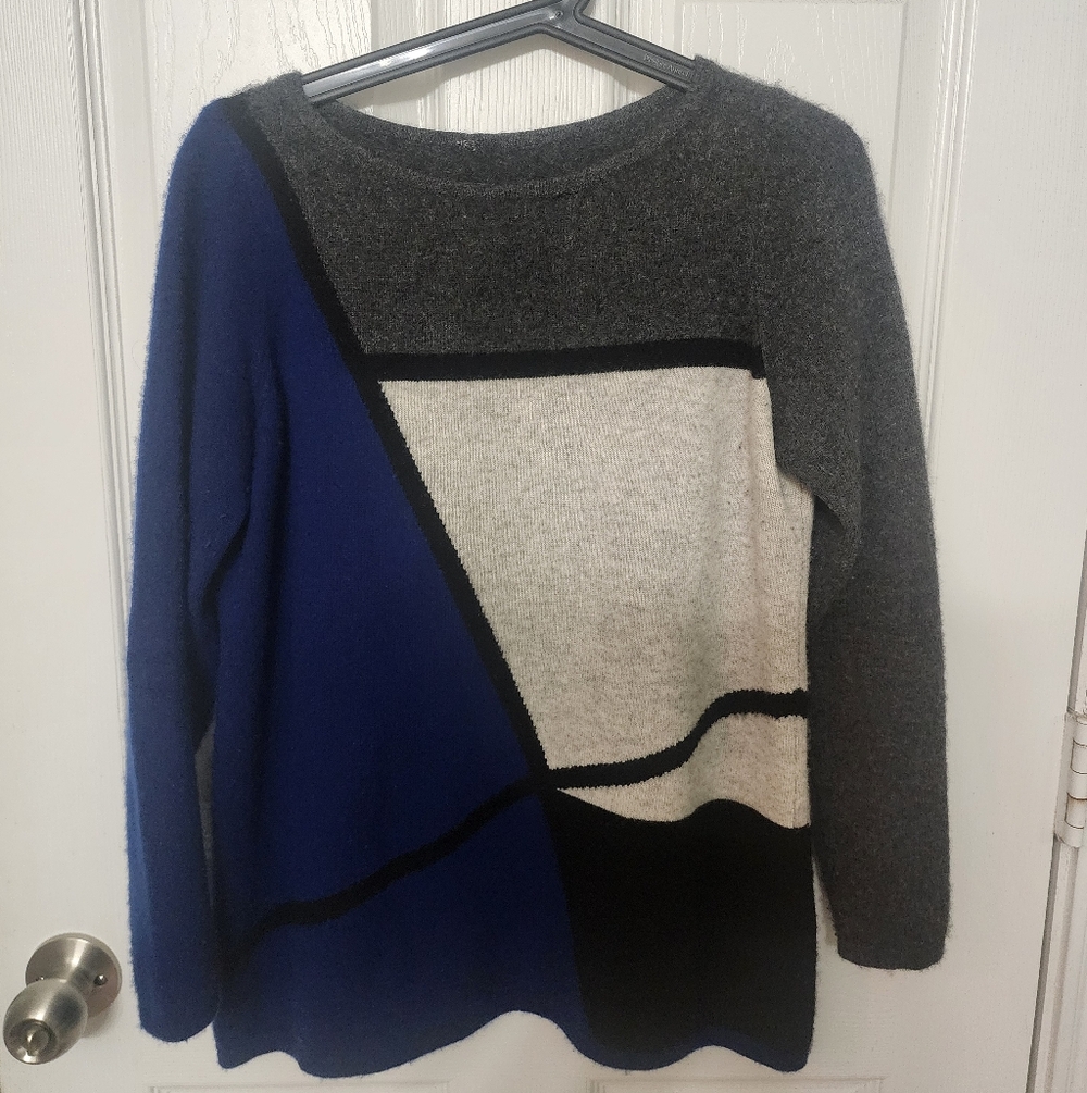 Charter Club Cashmere Royal Blue Heathered Greys Black Abstract Motif Sweater